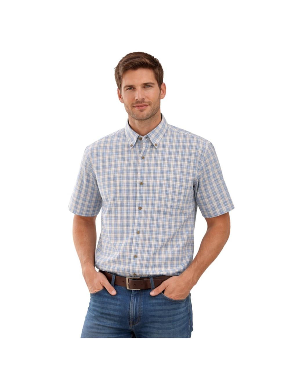 LL Bean Large Blue Plaid Cotton Short Sleeve Button Up